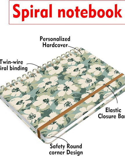 Spiral Journal Notebook for Women, Hardcover A5 College Ruled Notebook, 120 Pages, Thick Paper, Cute Lined Journal for School, Office & Work, 6 x 8.4 in(Floral Green)