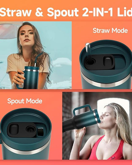 40oz Tumbler with Handle and Straw Spout 2-in-1 Lid, Spill Leak Proof Insulated Travel Cup Traveler Water Mug Keep Cold Hot, Dishwasher Safe Stainless Steel Bottle Gifts for Women Men, Indigo Black