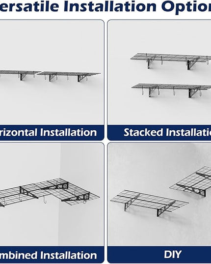 2x3 Ft Garage Wall Shelving, 700 lbs Heavy Duty Metal Garage Shelf Storage Organization, 24x36 Inch Wall Mounted Floating Shelves with Hooks, High Capacity, Space Saving, 2 Pack