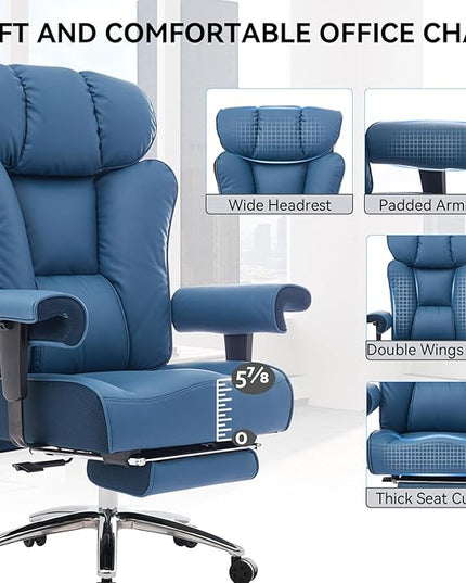 Efomao Ergonomic Office Chair 450LBS with Foot Rest, High Back PU Leather Big and Tall Executive Chair with Adjustable Padded Armrests, Lumbar Support for Home or Work, Heavy Duty Computer Chair, Blue