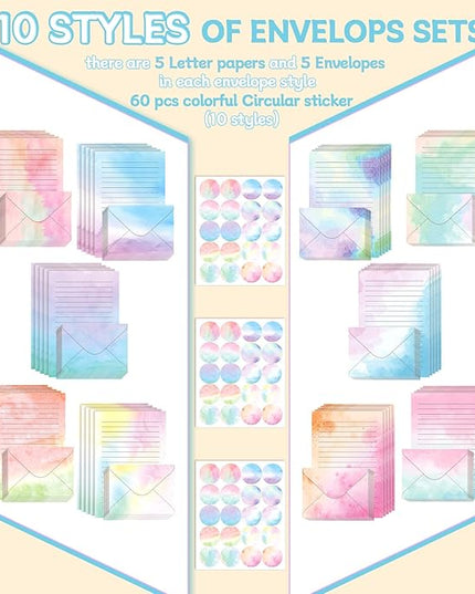 TaoBary 160 Pcs Stationery Paper Set 50 Double Sided Stationery Papers with 50 Matching Envelopes and 60 Round Dot Sticker, 10 Design(Watercolor,5.5 x 8.25 Inch)