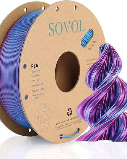 Sovol Dual Color PLA Filament 1.75mm, Silk PLA 3D Printing Material, Dual Color Filament Rose Blue 2 in 1 Coextrusion PLA Filament +/-0.02mm, 1kg/2.2lbs