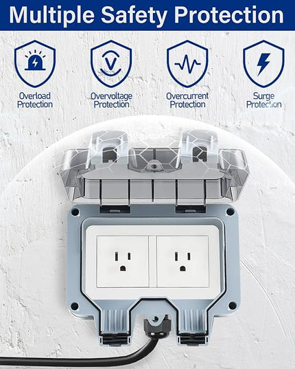Outdoor Power Outlet Box with 16.4Ft Extension Cord, NEMA 5-15R, STW 14 AWG, Weatherproof Waterproof IP66 Electrical Outlet Extender, Exterior Wall Power Socket w/Cover for Garden
