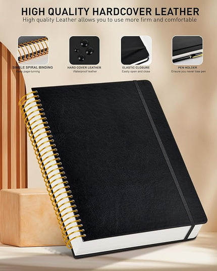 B5 Spiral Notebook Journal 7.6” x 10”, 300 Numbered Pages Hardcover Leather Journals for Women Men, Large Lined College Ruled Notebooks, 100GSM Thick Paper, Spiral Bound Journal for Work School, Black