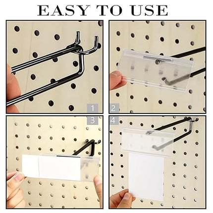 Tandefio 50 Pack 11 Inch Black Metal Peg Board Hooks with Clear Plastic Label Holder Stainless Steel Display Pegboard Hooks for 1/8'' to 1/4'' Pegboard Wall for Garage Storage Retail Shop Supplies