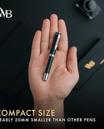 Wordsworth and Black Fountain Pen Mini EDC: Luxury Green Heavy Pocket Pen, Chrome Finish, Medium Nib, 6 Ink Cartridges, Ink Converter, Travel Refillable Writing Pen Gift Set, Men & Women