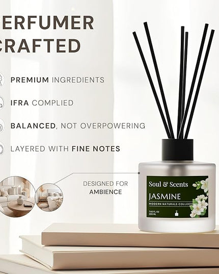 Soul & Scents Reed Diffuser Set – Jasmine | 7.43 oz Refillable Scented Oil with 6 Fiber Sticks | Long-Lasting Home Fragrance & Air Freshener for Bedroom, Bathroom, Office | Gift & Décor Piece