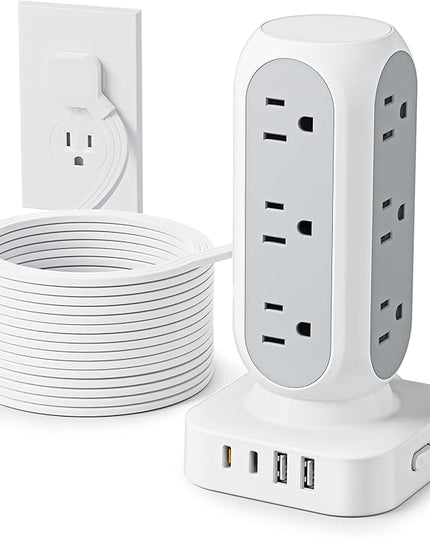 Flat Plug Power Strip Tower 15FT, 40W Total Fast Charging Station, Dual PD 20W USB-C Surge Protector with 12 AC Outlets and 8 USB Ports (4 USB C), Long Extension Cord for Home Office Dorm Room