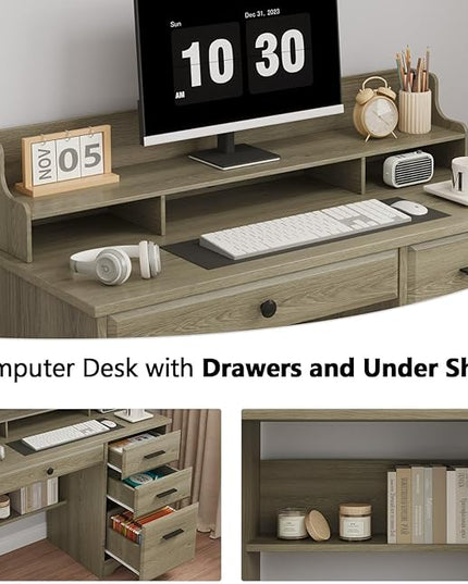 4 EVER WINNER Computer Desk with Drawers, Small Desk with Monitor Stand and File Drawer, Wood Desk with Storage, Writing Desk for Bedroom Home Offic, Grey