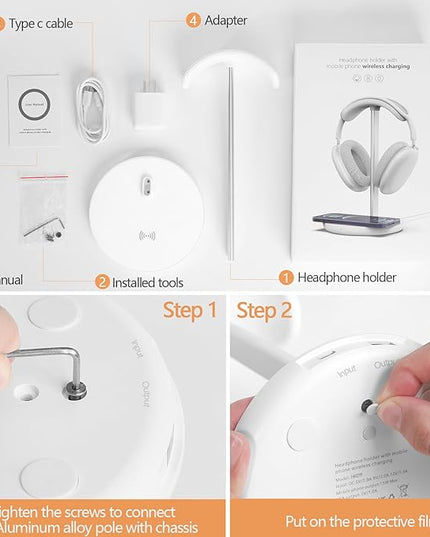 Headphone Stand with Wireless Charger, Gaming Headset Holder Hanger Rack 2 in 1 Wireless Charging Station Dock for iPhone 15/14/13/12/11 Series, AirPods Pro/3/2 and Desk All Headphones, White