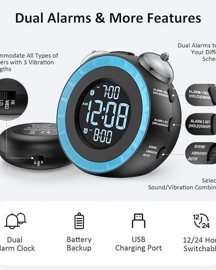 uscce Loud Dual Alarm Clock with Bed Shaker - 0-100% Dimmer, Vibrating Alarm Clock for Heavy Sleepers or Hearing Impaired, Easy to Set, USB Charging Port, Snooze, Battery Backup (Blue)