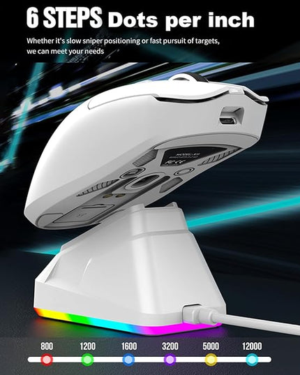 Lightweight Gaming Mouse, RGB Light 3 Mode Connection with 6 Adjustable DPI 800 12000, 7 Customizable Buttons, with Magnetic Charging Base (White)
