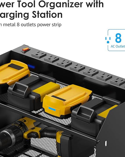 CCCEI Modular Power Tool Organizer Wall Mount with Charging Station. Garage Drill Storage Shelf with Hooks, Heavy Duty Rack, Tool Battery Holder Built in 8 Outlet. Gift for Men. Black, 2 Pack.