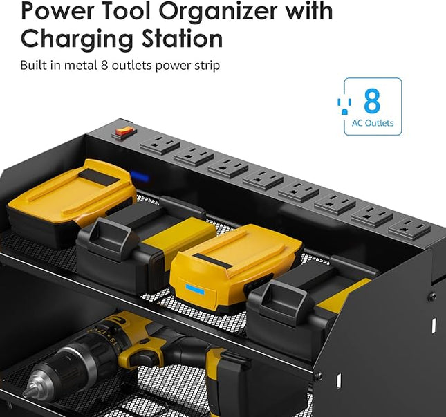 CCCEI Modular Power Tool Organizer Wall Mount with Charging Station. Garage Drill Storage Shelf with Hooks, Heavy Duty Rack, Tool Battery Holder Built in 8 Outlet. Gift for Men. Black, 1 Pack.