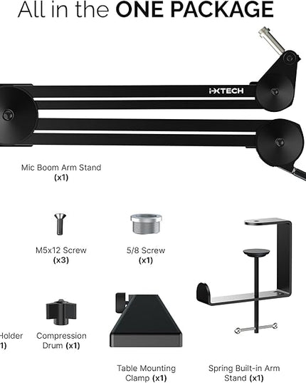 IXTECH Microphone Boom Arm Stand, Heavy Duty Adjustable Mic Stand with Cable Ties, Desk Mount Arm Stand for Gaming Streaming Podcasting.
