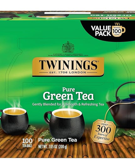 Twinings Pure Green Tea Individually Wrapped Bags, 100 Count (Pack of 1), Smooth & Refreshing, Caffeinated, Enjoy Hot or Iced, 100 Teabags