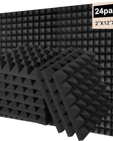 24 Pack Sound Proof Foam Panels for Walls, 2"X 12" X 12" Pyramid Designed Acoustic Foam Panels Sound Absorbing, Noise Cancelling Dampening Wall Panels for Studio Recording & Office & Home