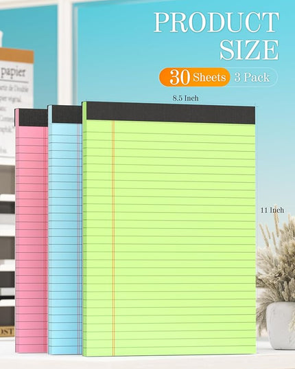 Zaviko Legal Pads 8.5 x 11 Colored Note Pads 8.5 x 11, 3 Pack Notepads 8.5x11, Pink Notepad 8.5x11 Legal Pad, Notebook Paper for Home Office Supplies, Lined Paper Pads 8 1/2 x 11, 30 Sheets/Pad