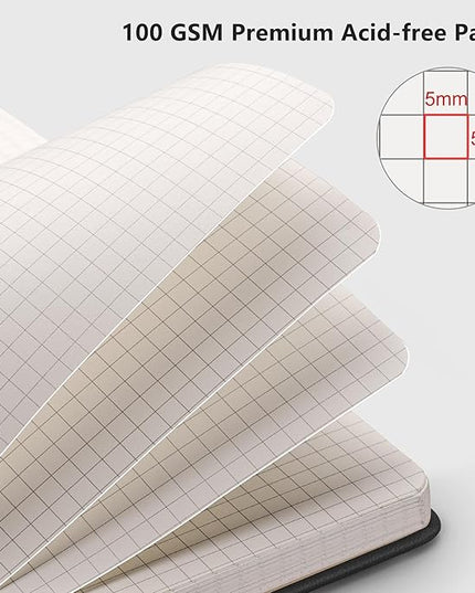 RETTACY Graph Grid Paper Notebook, 192 Pages, A5 Medium Size (5.7'' x 8.3''), 5 Squares per Inch, Leather Hardcover, 100 GSM Thick Paper, for School, Students, Math, Engineering (Black)