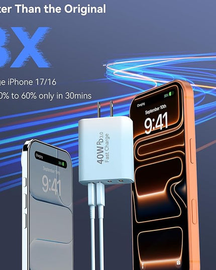 USB C Wall Fast Charger Block, 40W 4-Port Type C Chargers Fast Charging Blocks for Phone 17/16/15/14/13/12 Pro Max, Pad, Galaxy S24/23-2Pack Gradient Blue