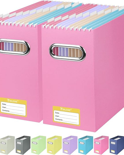 BALEINE File Organizer Box, Cardboard File Folder Organizer with Handle for Letter Size, Portable Collapsible Hanging Filing Box for Home Office Document Storage (2 Pack, Pink)