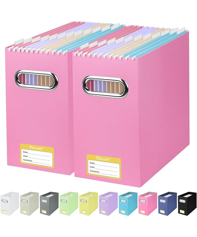 BALEINE File Organizer Box, Cardboard File Folder Organizer with Handle for Letter Size, Portable Collapsible Hanging Filing Box for Home Office Document Storage (2 Pack, Pink)