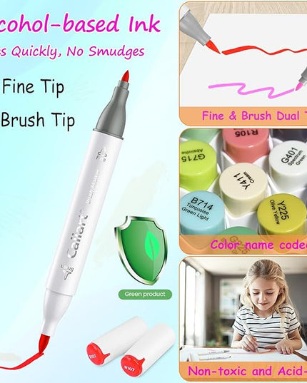 Caliart 180 Colors Alcohol Markers Brush Tip, Dual Tip Artists Coloring Markers Set Brush & Fine, Permanent Alcohol Based Colored Sketch Pens, Art Supplies Gifts for Adults Illustration Drawing