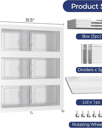 150Gal Stackable Storage Bins with Lid, 600Qt Extra Large Collapsible Storage Box with Wheels, Dividers, Folding Plastic Cabinet Closet Organizers for Home Kitchen Office Dorm, 3Pack White