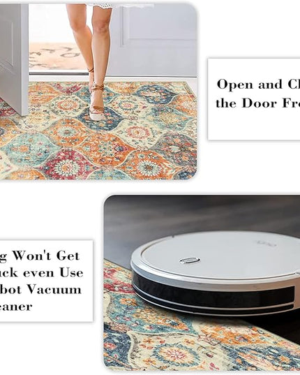 Lahome Moroccan Trellis Washable Round Area Rug, Round Rug 5ft Soft Non-Slip, Non-Shedding Distressed Circle Carpet for Bedroom Living Room Bathroom Nursery Kitchen, Cream/Multi