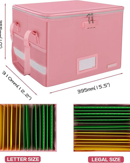ENGPOW File Box with Lock, Fireproof Document Box with Zipper＆Pockets, Collapsible File Organizer Filing Storage Cabinet with Handle, Portable Home Office Safe for Hanging Letter/Legal Folder, Pink