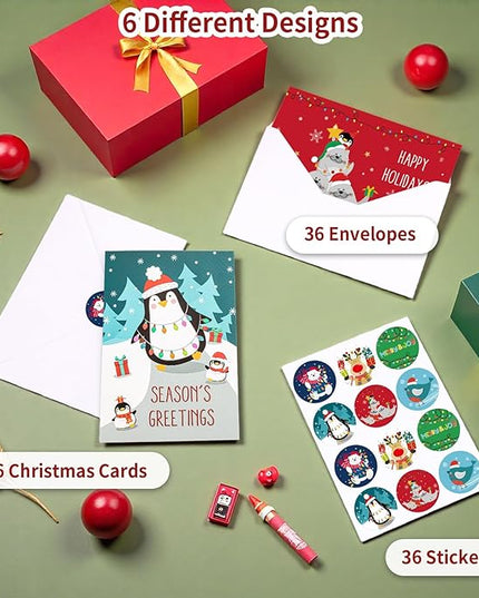Thboxes Christmas Cards with Envelopes & Stickers, 36 Pack 4x6 Inch Merry Christmas Cards, Funny Holiday Card, 6 Assorted Designs Greeting Card for Xmas