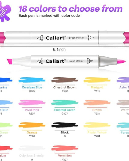 Caliart Markers Brush & Chisel, 18 Colors Alcohol Markers for Adult Coloring Book, Dual Tip Art Pen Set for Artist Illustration Sketch Drawing Gift