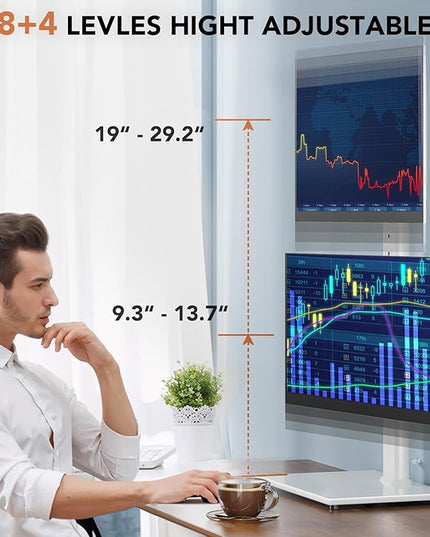 Dual Monitor Stand - Vertical Stack Screen Free-Standing Monitor Riser Fits Two 13 to 34 Inch Screen with Swivel, Tilt, Height Adjustable, Holds One (1) Screen up to 44Lbs HT05W-002 White