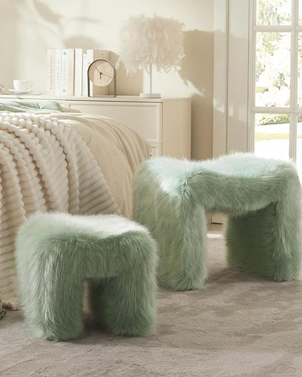 Ottoman Set of 2 Small Footstool Ottoman Vanity Stool Chair Faux Fur Seating Backless Modern Foot Rest Furry for Makeup Room Living Room Bedroom Entryway,Green(2-in-1)