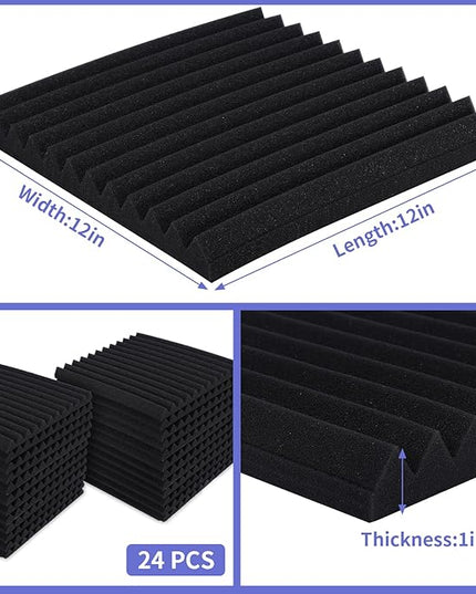 24 Pack Acoustic Panels, 1" X 12" X 12" Acoustic Foam Panels, Sound Proof Foam Panels, Self-Adhesive Soundproof Wall Panels ,Fire-Proofed Soundproofing Wedges,Acoustic Treatment Foams for Home-Black