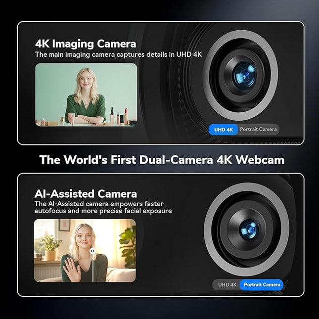 EMEET Piko 4K Webcam for Streaming, World’s 1st Dual-Camera AI-Powered 4K Camera w/AI Autofocus, 3 Mics Array&3 Sound Modes, USB Webcam with Clip, Great for Streaming, Desk Setup