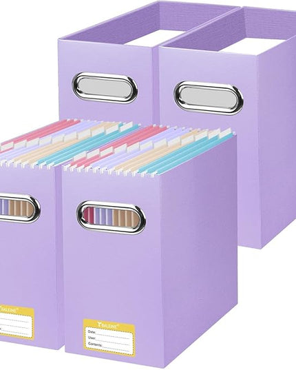 BALEINE File Organizer Box, Cardboard File Folder Organizer with Handle for Letter Size, Portable Collapsible Hanging Filing Box for Home Office Document Storage (4 Pack, Lavender)