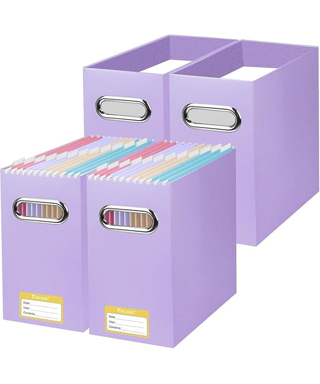 BALEINE File Organizer Box, Cardboard File Folder Organizer with Handle for Letter Size, Portable Collapsible Hanging Filing Box for Home Office Document Storage (4 Pack, Lavender)