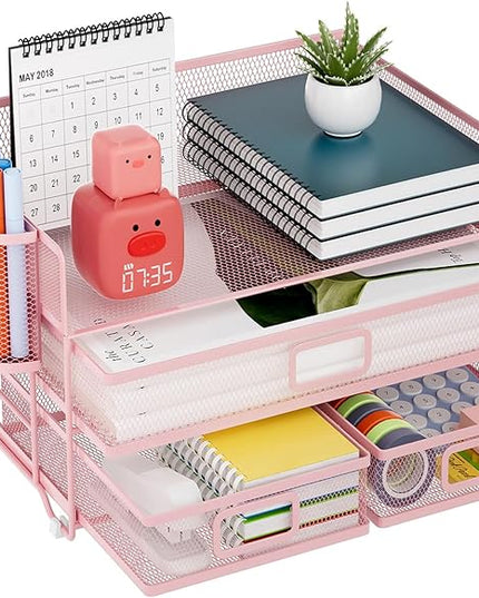 Marbrasse 3 Tier Mesh Desk Organizer with Drawer, Multi-Functional Desk Organizers and Accessories, Paper Letter Organizer with 2 Pen Holder for Home Office Supplies (Pink)