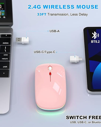 LED Bluetooth Wireless Mouse for MacBook Air/Pro, Laptop, iPad – Rechargeable Silent Light-Up Slim Mouse, Optical Dual Mode BT5.2 & USB-A/USB-C – for Students, Kids, Girls, Boys – Baby Pink