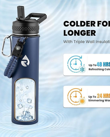 Insulated Water Bottle 24oz, Triple Wall Vacuum Stainless Steel (Cold for 48 Hrs, Hot for 24Hrs), Leak Proof & Non-BPA, 24oz Hydro Water Flask with Paracord Handle & Straw Spout Lids