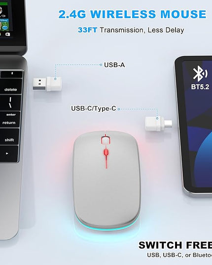 Azmall Bluetooth Wireless Mouse, Slim LED Rechargeable Silent Mouse with 2.4GHz USB-A/USB-C Receiver & Type-C Adapter, Compatible with Laptop, MacBook, iPad, iPad Pro,Mac,Tablet – Grey
