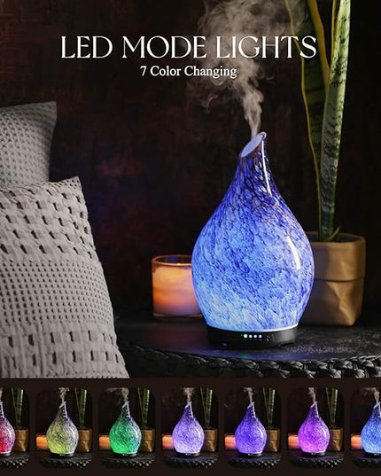 Porseme 280ml Essential Oil Diffuser Glass Color Changing Aroma Air Diffusers Aromatherapy Ultrasonic Cool Mist Humidifier 7 Running Hours Waterless Auto-Off for Sleeping, Yoga, Office (Deep Blue)