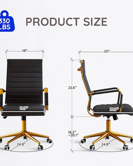 Livinia Modern Executive Office Desk Chair, Chrome & Leather Conference Room Swivel Chairs with Ribbed High Back, Adjustable Height, Removable Armrest, and Wheels for Home Office (Black(Gold))