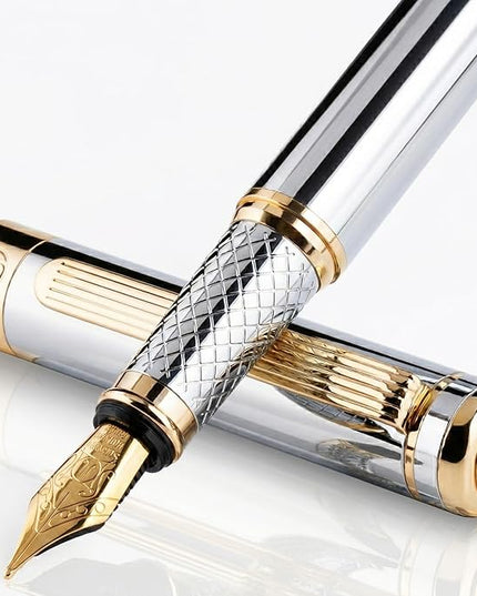 Scriveiner Silver Chrome Fountain Pen - Stunning Luxury Pen, Real Gold Finish, Schmidt Gilded Nib (Broad), Best Gift Set for Men & Women, Professional, Executive Office, Nice Designer Pens