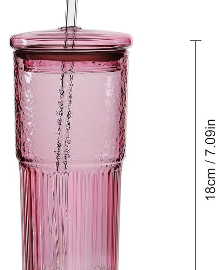 Joeyan 22 oz Pink Glass Tumbler with Straw and Lid for Iced Tea Coffee Smoothie Water Juice Beverages Soda,Ribbed Glasses Cups,Borosilicate Drinking Jar,Set of 2,Dishwasher Safe