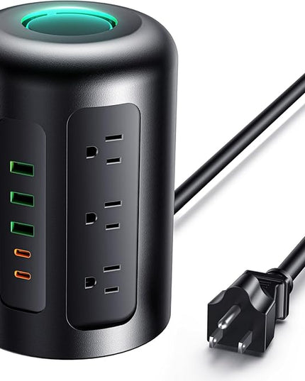 Power Strip Tower Surge Protector with 12 AC Outlets & 5 USB Ports (2 USB C), 5 Feet Extension Cord with Multiple Outlets, Keyhole Slots, Charging Station Desk Supplies for Home Office Dorm