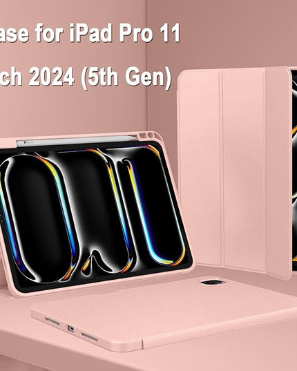 ZryXal iPad Pro 11 Inch Case (M5) 2025/ (M4) 2024 (Model: A2836/A2837/A3006), Trifold Stand Smart Cover with Pencil Holder and Soft TPU Back, Auto Wake/Sleep (Rose Gold)