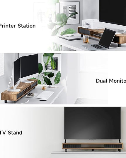 Fenge Dual Monitor Stand, 42.5inch Long Monitor Stands Riser for 2 Monitors, Sliding Door with Storage Organizer Stand for Desk, 2 Tier Desk Shelf for Laptop, Pc, Printer, Computer, TV