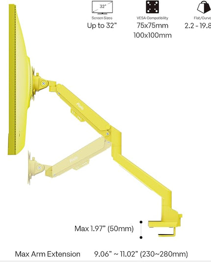 Pixio PS1S Wave Yellow Single Monitor Arm Stand Desk Mount - Fits up to 32 inches Monitors and up to 19.8lbs. VESA Compatibility and Integrated Cable Management
